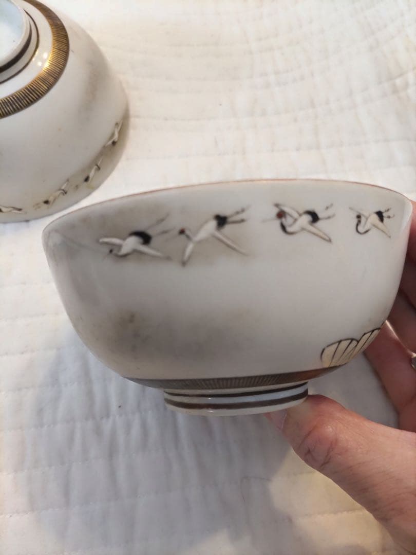 骨董品　九谷焼　鉄線茶碗　２個　鶴亀　お蔵より発見！