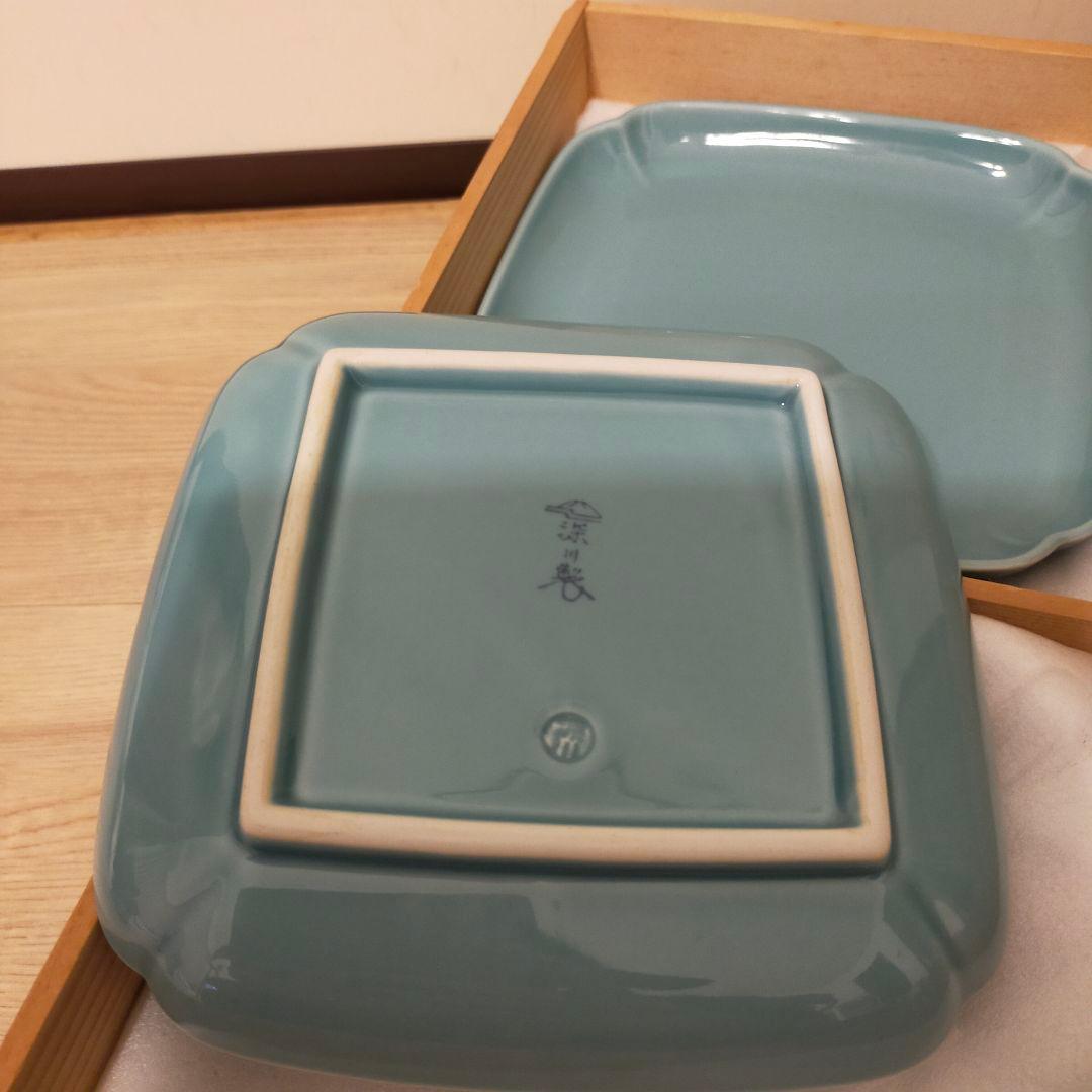 宮内庁御用達 深川製磁 青磁 和皿揃 有田焼 角皿 五枚揃 未使用品