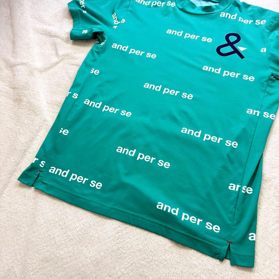 【未使用‼️】and per se ロゴ総柄 半袖モックネックシャツ L グリーン