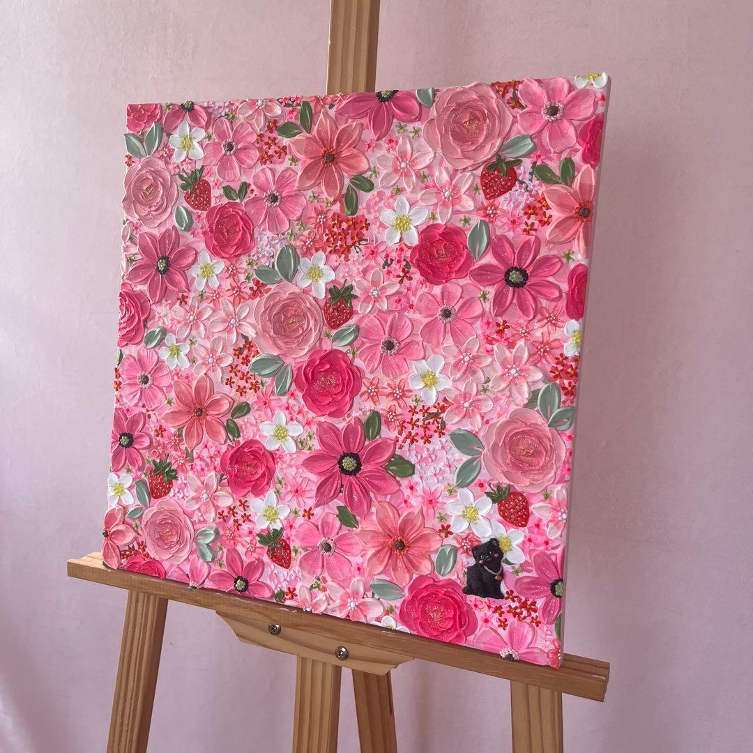 絵画 フラワーアート 花の絵 猫　苺 アートパネル　花柄　フランフラン