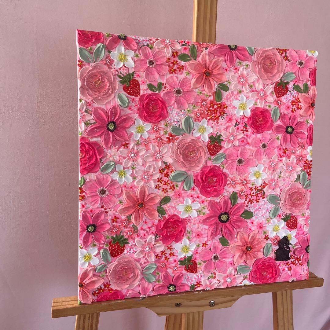 絵画 フラワーアート 花の絵 猫　苺 アートパネル　花柄　フランフラン