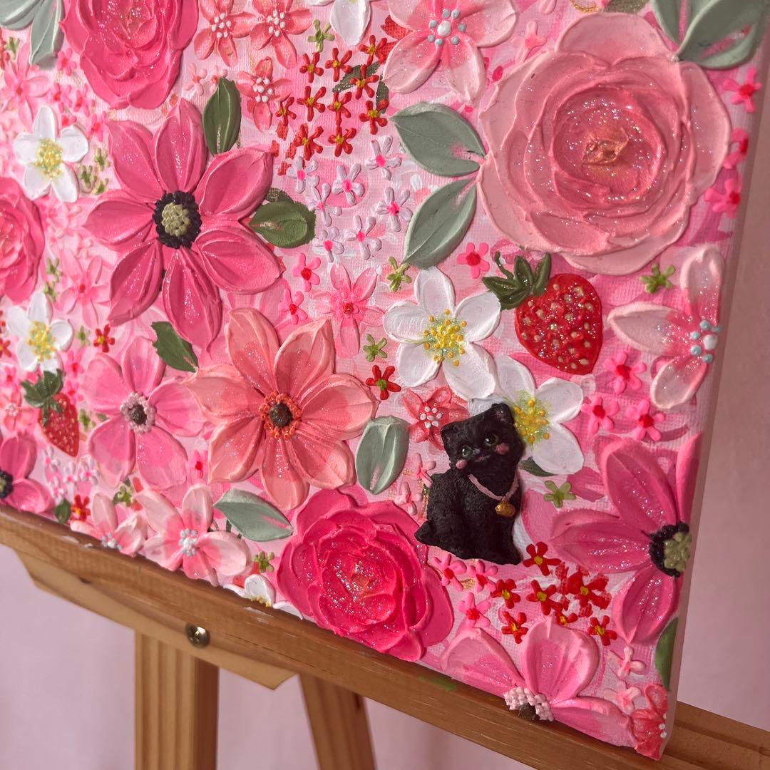 絵画 フラワーアート 花の絵 猫　苺 アートパネル　花柄　フランフラン
