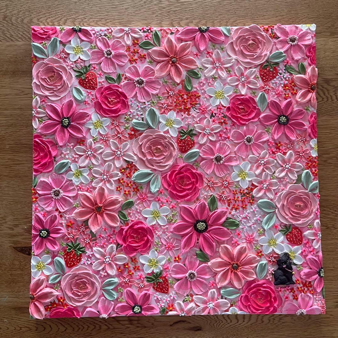絵画 フラワーアート 花の絵 猫　苺 アートパネル　花柄　フランフラン