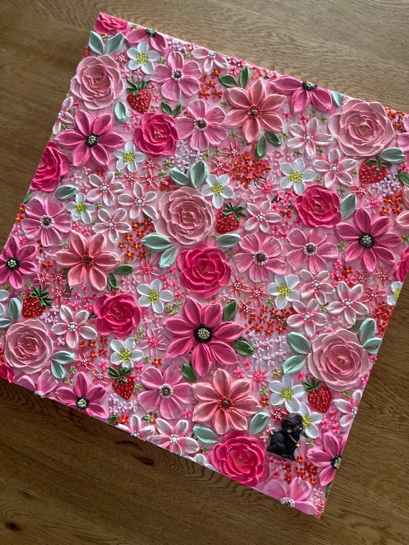 絵画 フラワーアート 花の絵 猫　苺 アートパネル　花柄　フランフラン