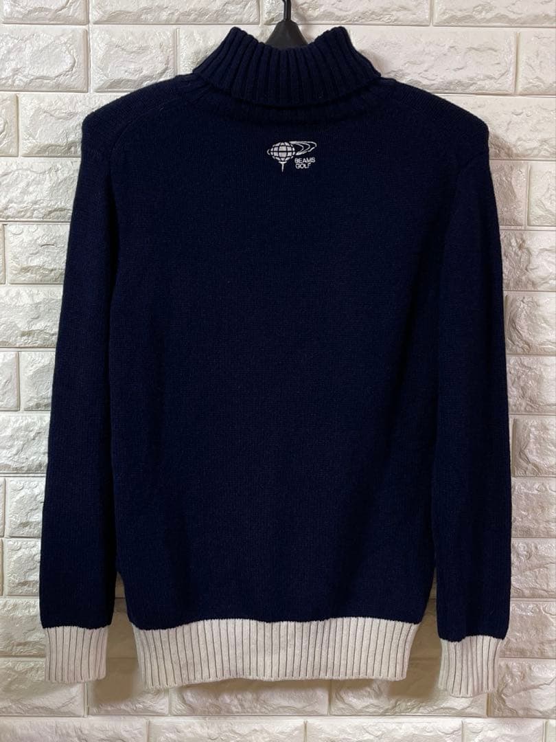 BEAMS GOLF ウール100% バイカラー タートルネック ニット 紺 S