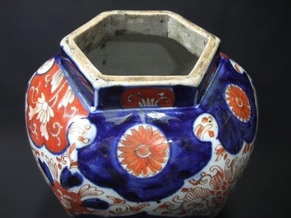 古伊万里 染付 色絵 花文 六角 花生 花瓶 時代物 骨董