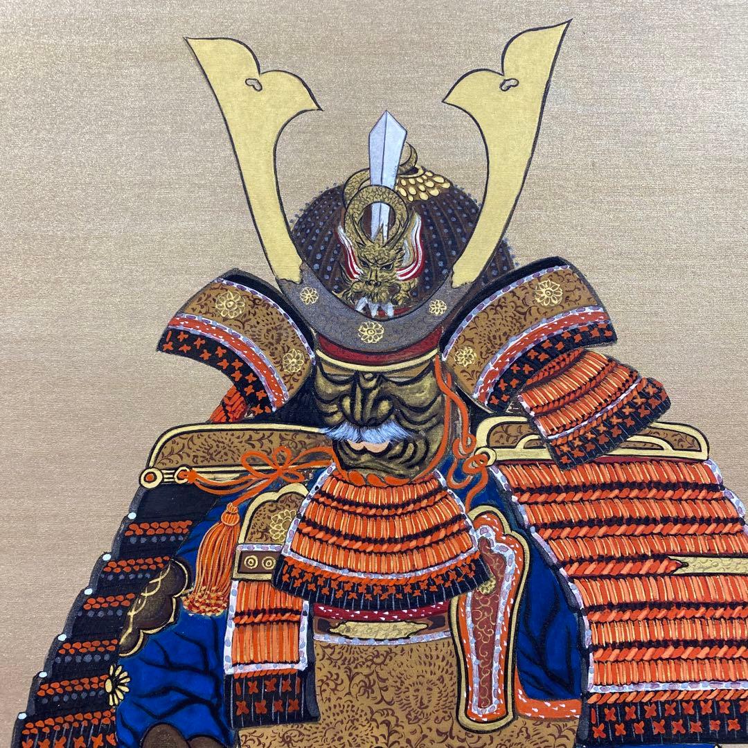 美品 掛け軸 国井幸雪作 金地 甲冑図 共箱 二重箱 端午の節句 太巻き付