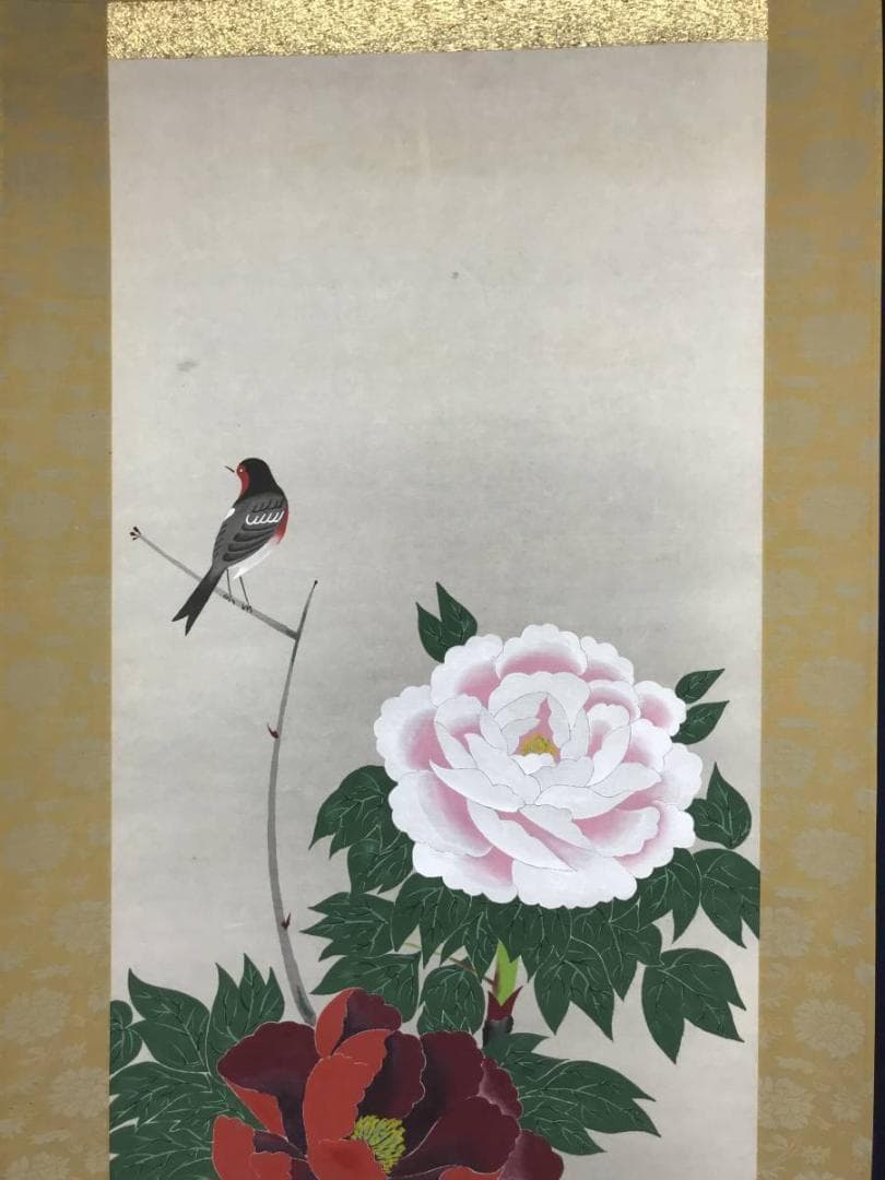 【複製】西村青嵐/牡丹小禽図/花鳥図/牡丹図/工芸品/掛軸/名家伝来/AC-96