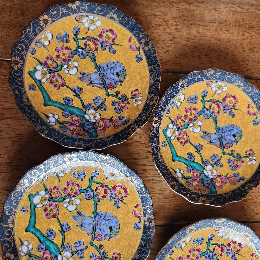 九谷焼　正峰造 花鳥4号皿揃 [吉田屋/青粒テッセン］