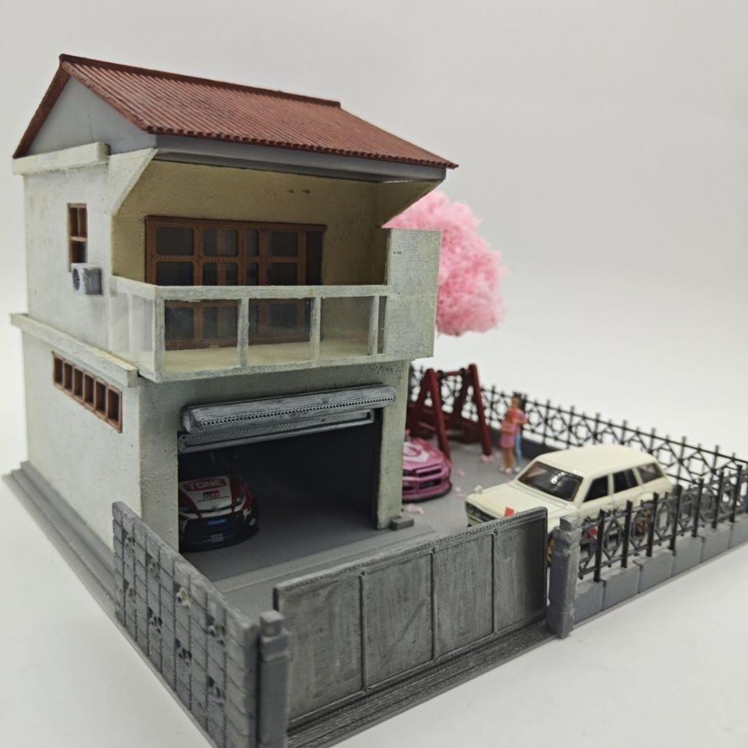 1/64 完成品 手作り 日本家屋 ガレージ 桜 情景ジオラマ ミニカー