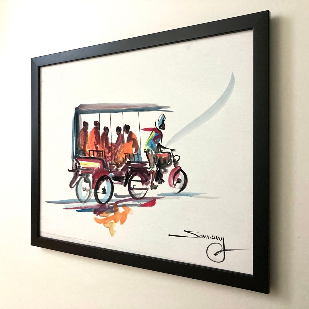 【カンボジアで購入】絵画 人力車 僧侶 アート フレーム付き アクリル