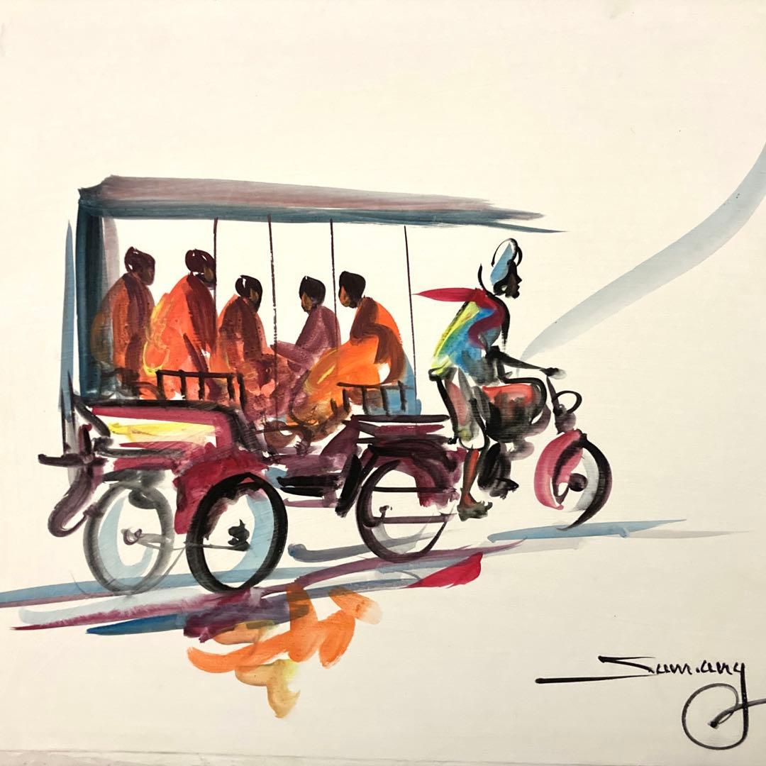 【カンボジアで購入】絵画 人力車 僧侶 アート フレーム付き アクリル