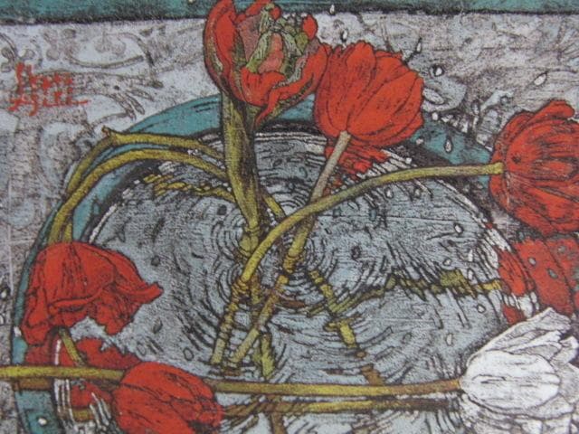 片桐聖子、【チューリップの水盤】、希少画集画より、状態良好、新品高級額装付