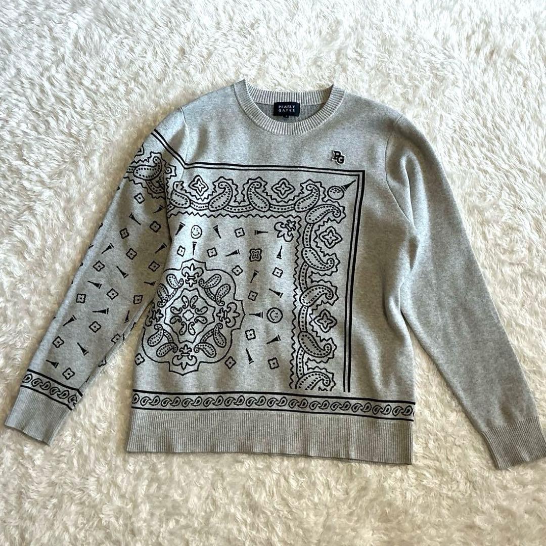 【美品】PEARLY GATES クルーネックニットプルオーバー　ライトグレー