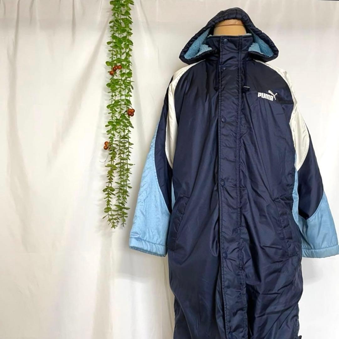 プーマ PUMAのロゴ入りベンチコート 裏起毛 白/紺/水色 サイズ150