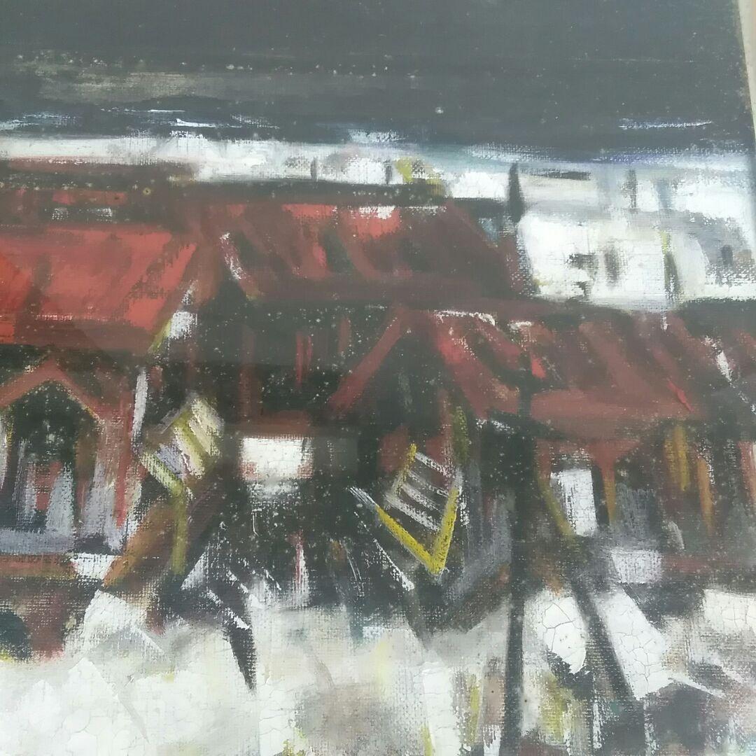 漁村風景画　油絵