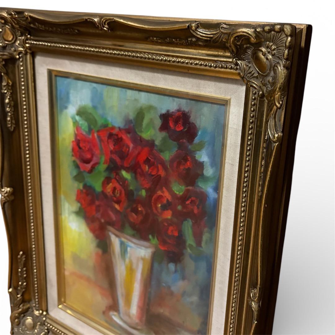 【真作】油彩画 「赤い薔薇」 豪華額装付 サイン有 静物画 T1