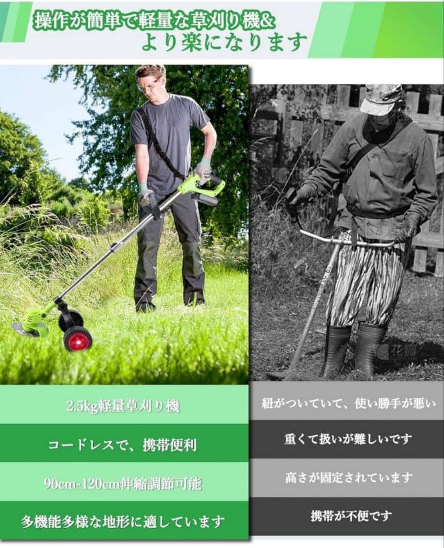 草刈り機 充電式草刈り機 1880W高功率 2000mAh大容量 強力電動 電動