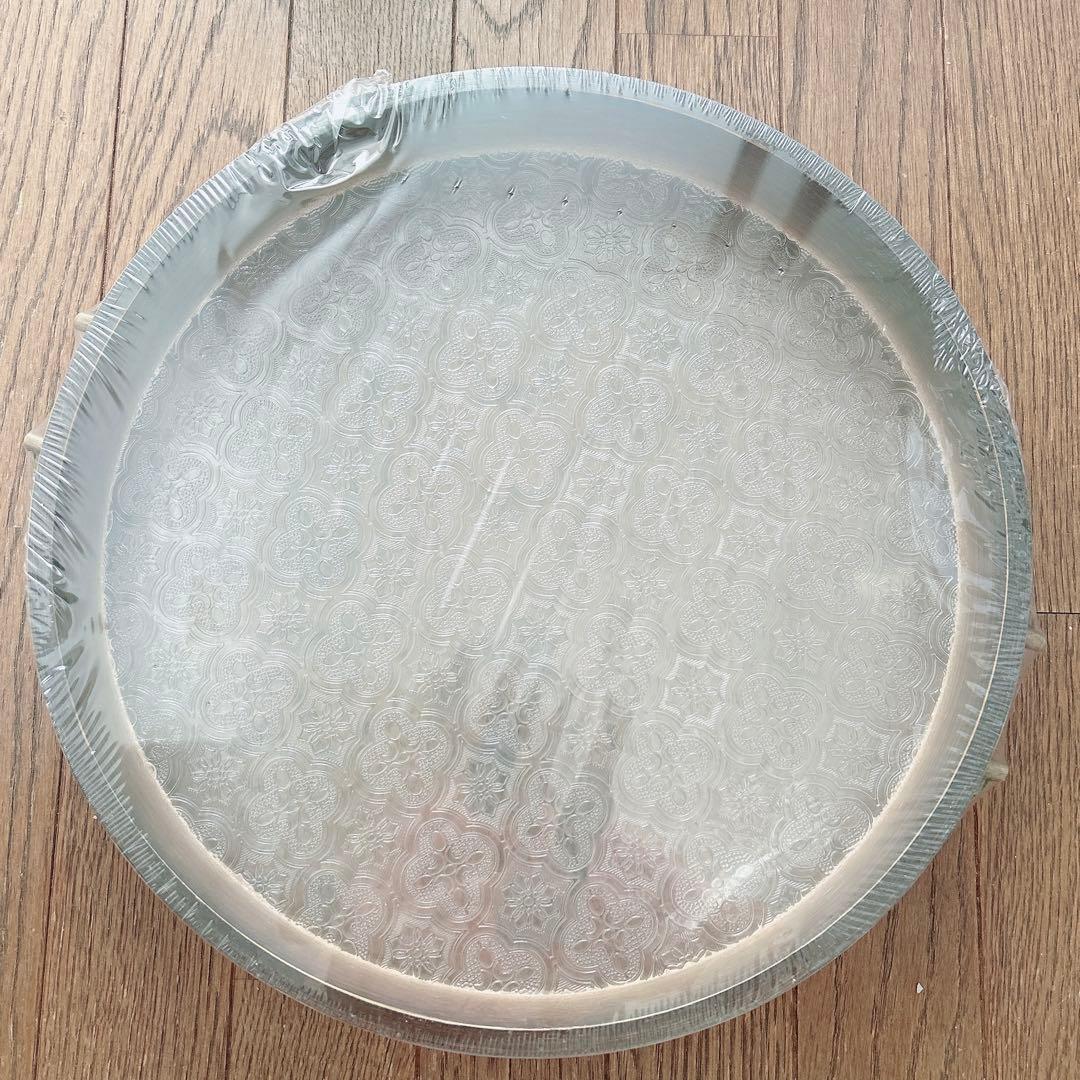丸盆 竹製 キッチントレー 丸形 30cm 海棠花模様 金属 取っ手付き