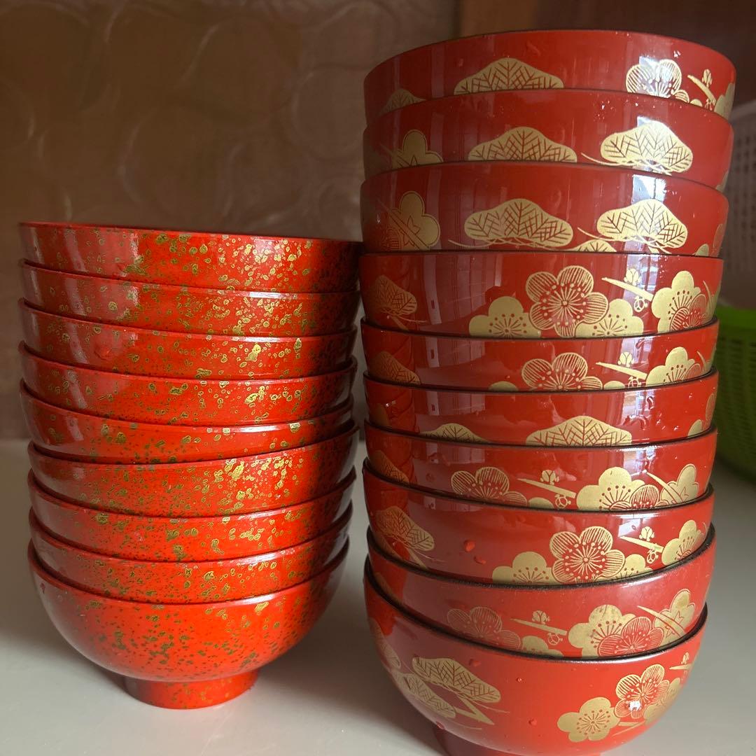 昭和レトロ　お椀　漆器汁椀セット 赤金花柄　2種19個セット