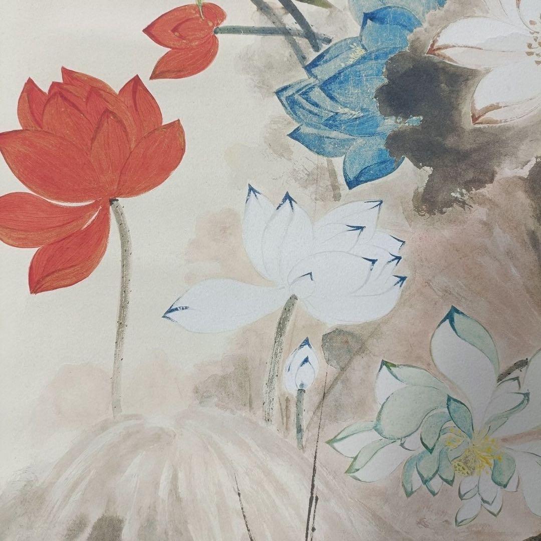 張大千 五色荷花図 三尺中堂 掛け軸 中国画 花鳥画