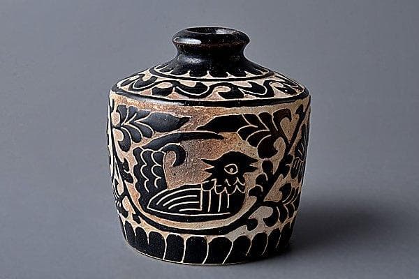 u382 希少品　骨董　古美術　中国古玩　宋磁州窯瓶 花瓶 水差 鳥 黒