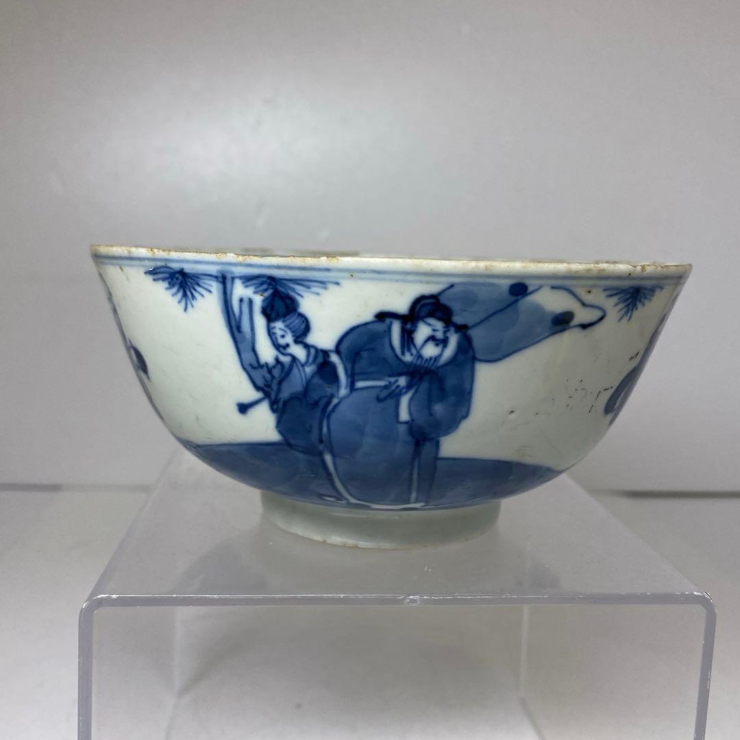 中国清時代　青花人物画鉢　幅約13.4㎝　タサオサ　東さ8-0404☆2F