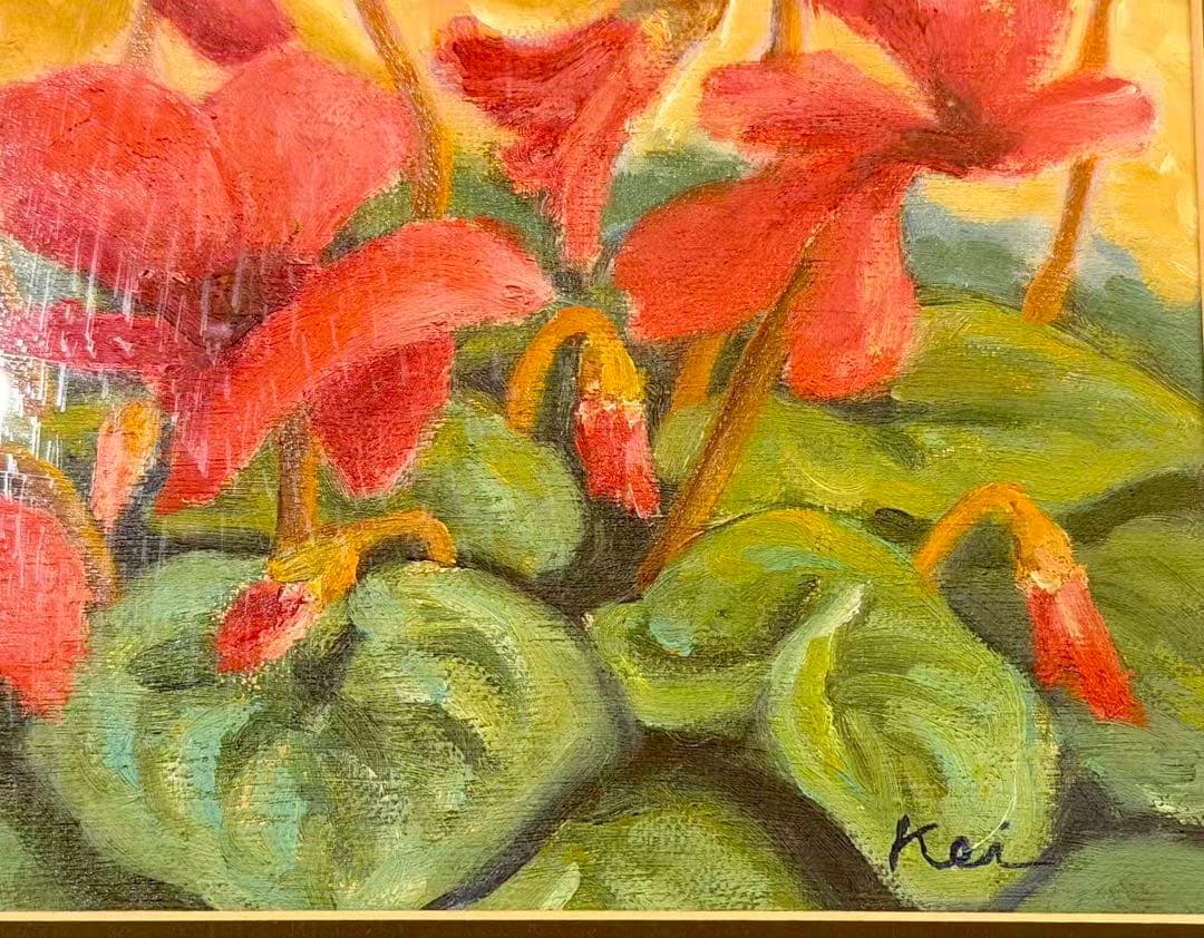 「赤い花」 油彩風 花卉画 額装 絵画 インテリア アート作品 #228-3