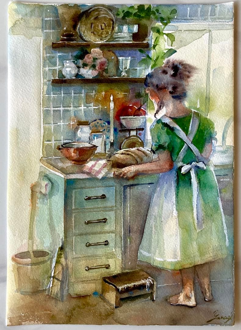水彩画 原画 お天気の台所