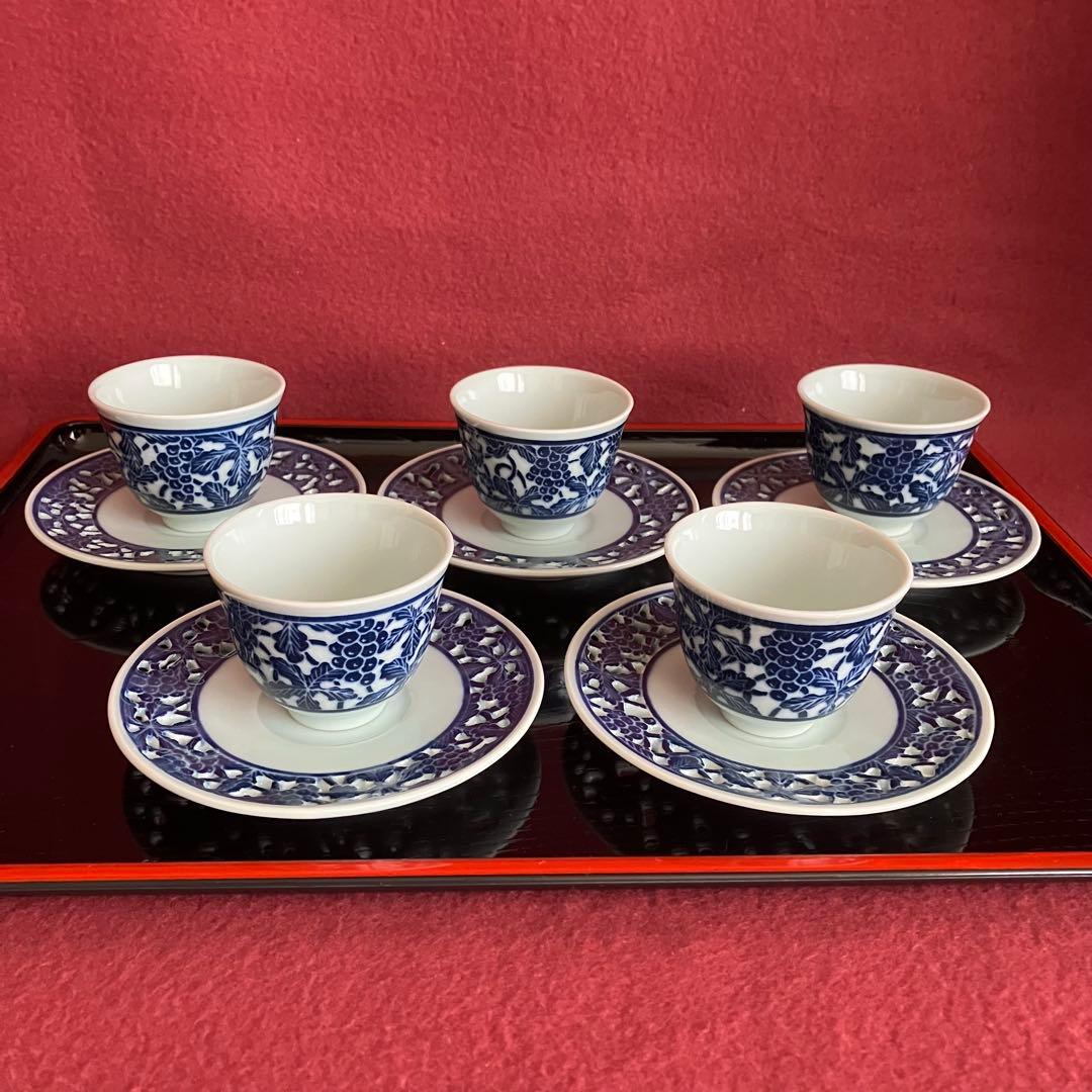 お値下げ 新品未使用 青華白磁透刻葡萄文煎茶器 5客揃