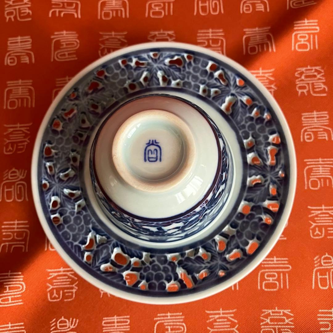 お値下げ 新品未使用 青華白磁透刻葡萄文煎茶器 5客揃