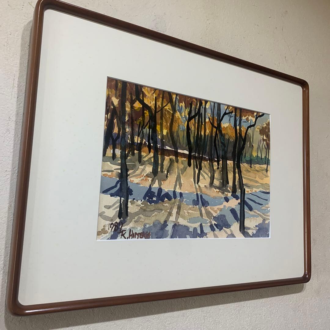 絵画　水彩肉筆画　真作　姫野陸郎『秋の風景画』1987年作