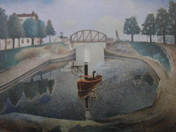 岡 鹿之介【掘割】　 高級画集画、状態良好、新品高級額装付、絵画