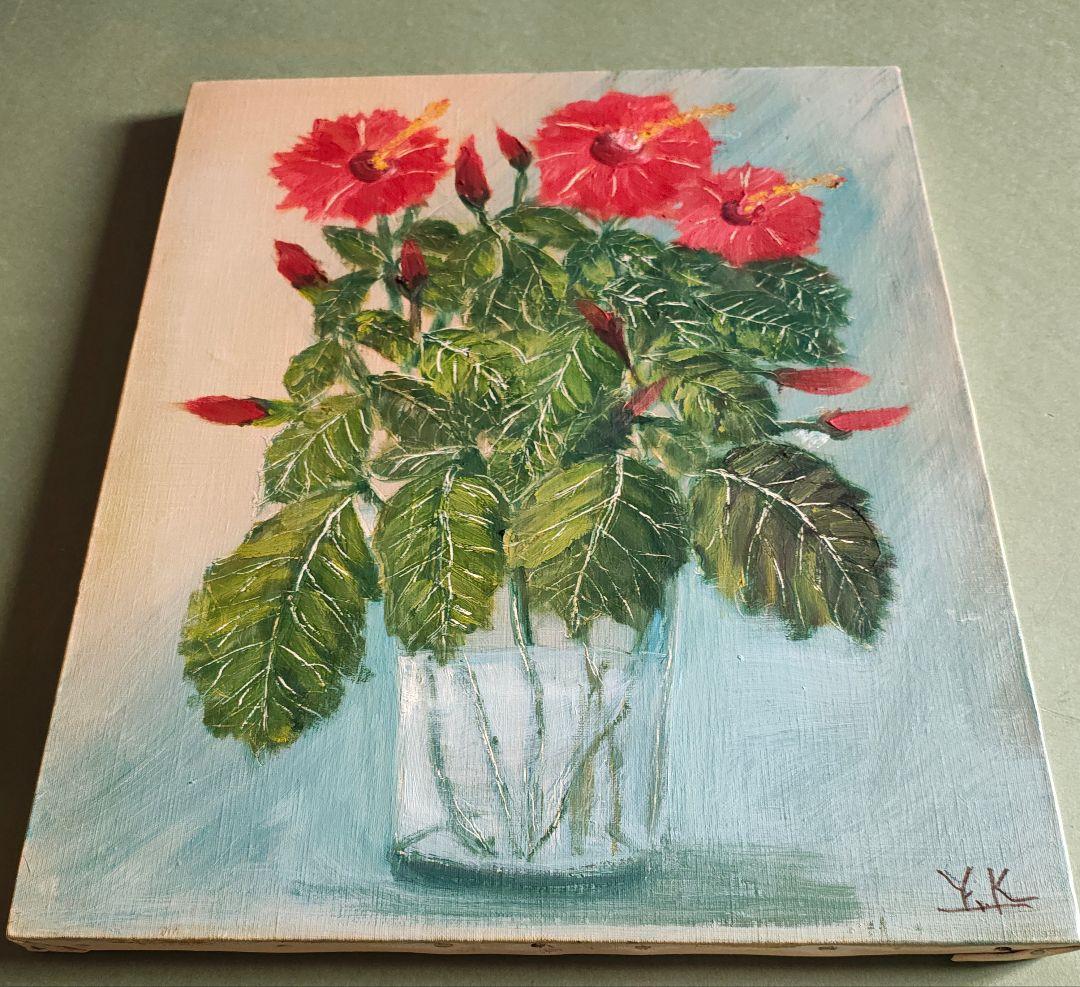 【F8原画2枚 + 額縁付】油彩画 紫陽花とハイビスカス 季節と気分次第で。
