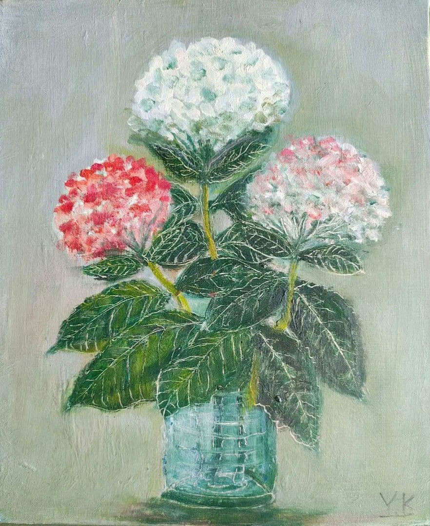 【F8原画2枚 + 額縁付】油彩画 紫陽花とハイビスカス 季節と気分次第で。