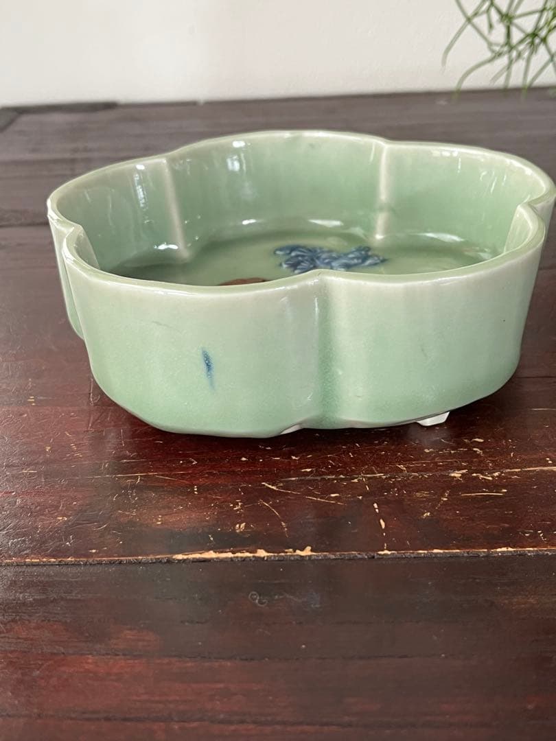 希少注文品　清朝期新渡　青磁足付輪花鉢　金魚双魚水草　中国古玩　変形菓子鉢　青豆