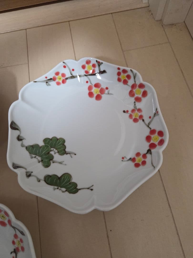 美品　有田焼　徳七窯　染錦松梅文木甲和皿 5枚セット