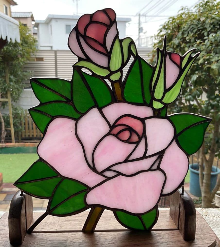 ステンドグラスパネル　バラ(ピンク)