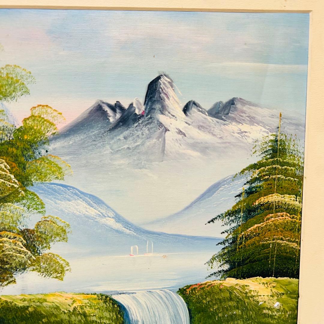 【風景画 油彩画 】雪がかった山々と木々　シルバーのフレーム付き