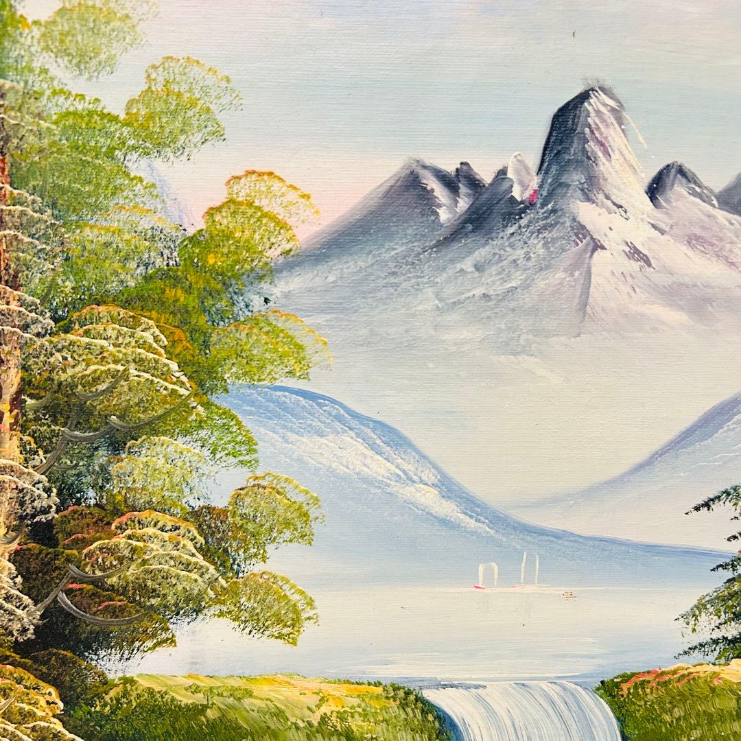 【風景画 油彩画 】雪がかった山々と木々　シルバーのフレーム付き