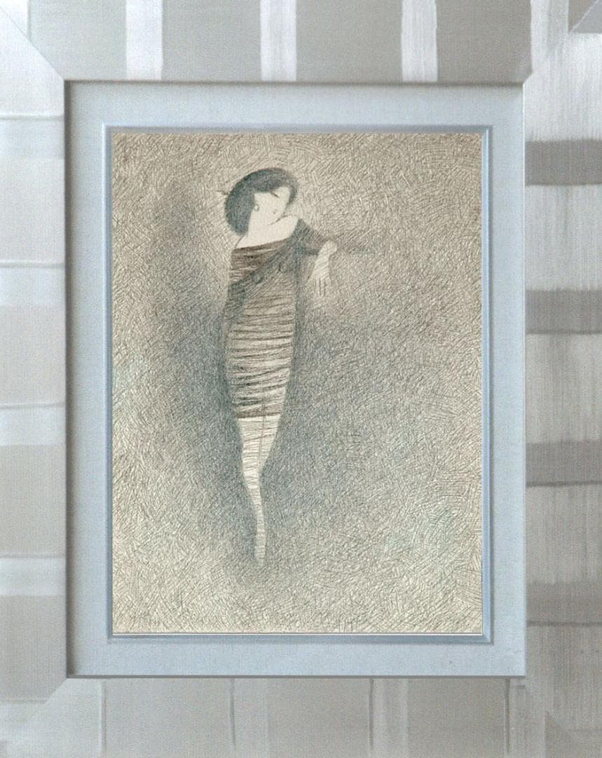 油絵 菅家令子 絵 絵画インテリア額付(青緑＋銀) F3-010111 人物女性