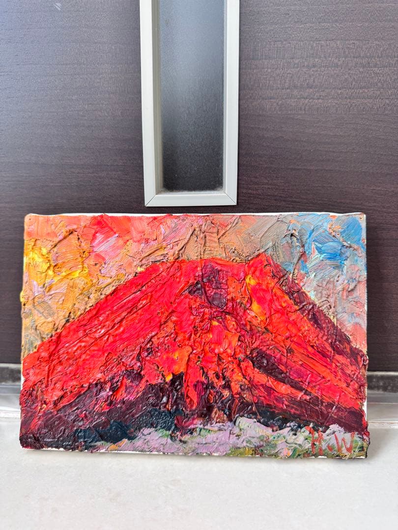渡部ひでき　油彩画　SM号 額装付き　赤富士 油絵　富士山　ゴールド