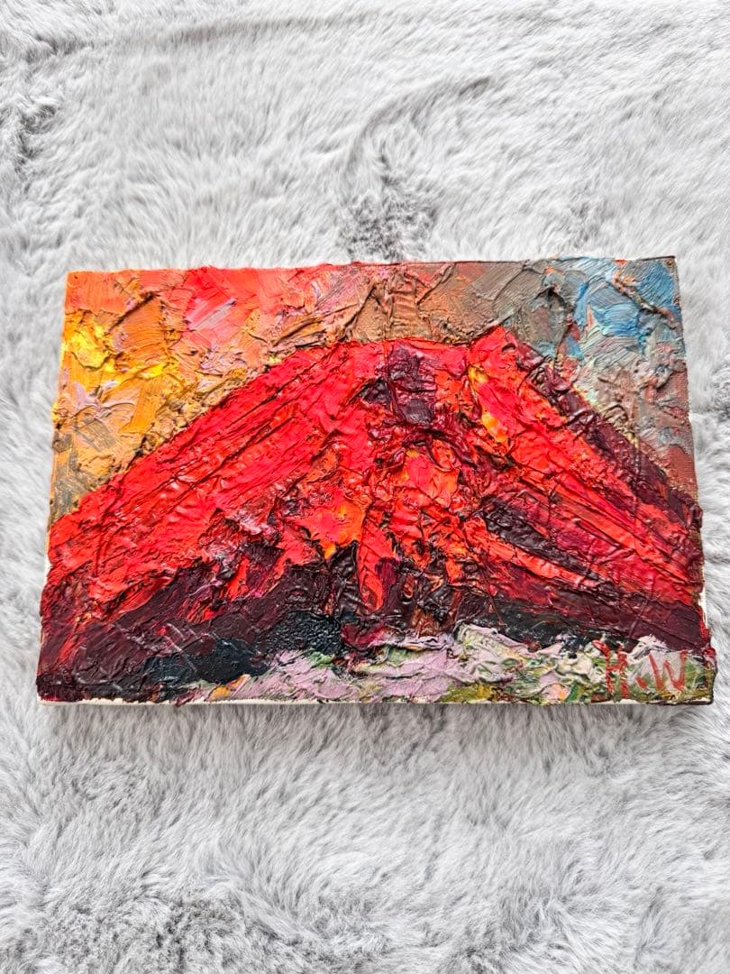 渡部ひでき　油彩画　SM号 額装付き　赤富士 油絵　富士山　ゴールド