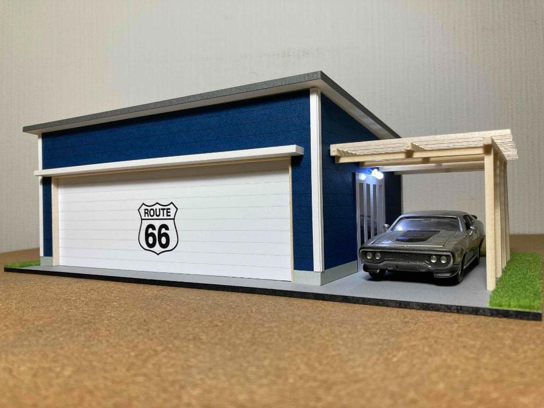 ミニカー用ジオラマ：1/43 木造パーゴラ付ガレージ（ダークブルー）ミラー貼り