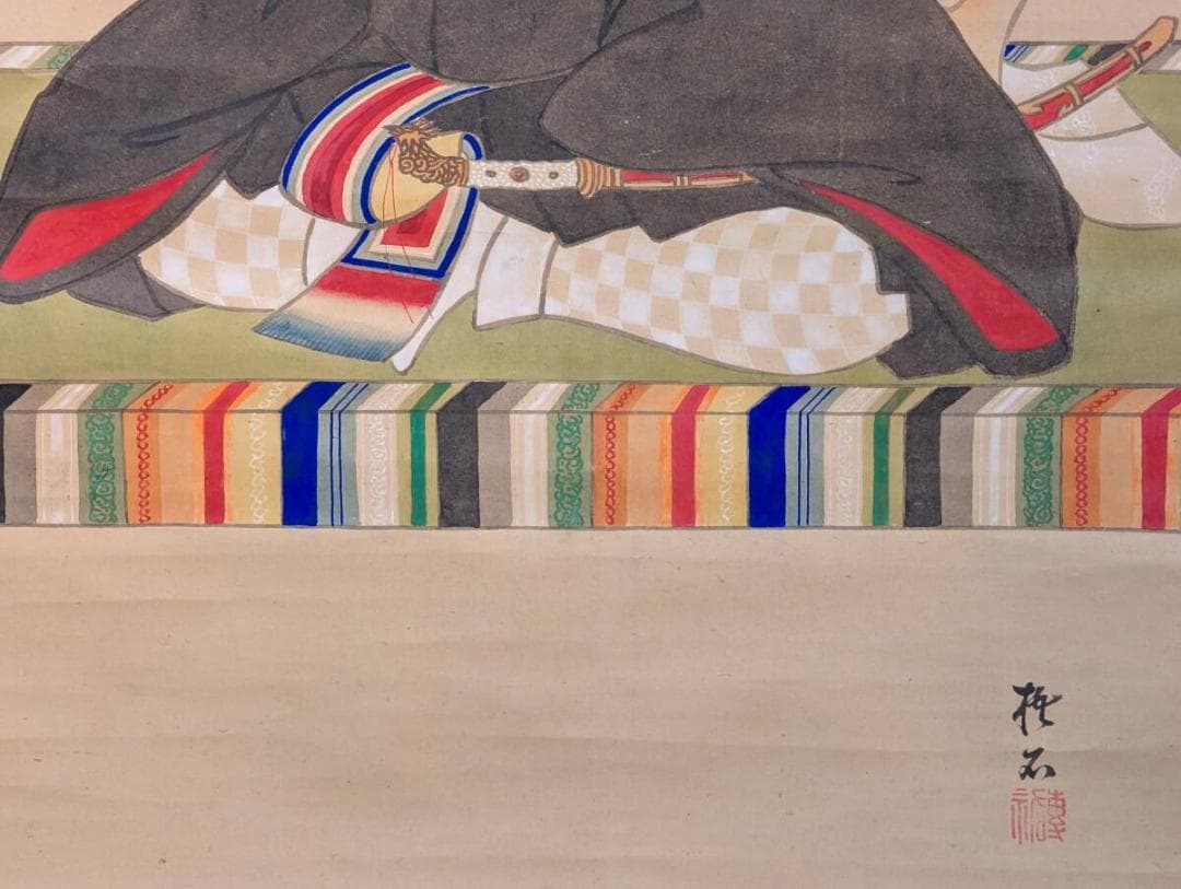 【真作】掛軸　武家肖像図　彩色人物画　時代物　肖像人物画　識箱入　T79