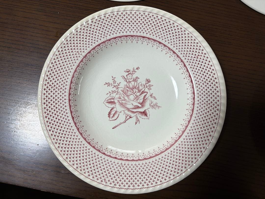 赤い花模様の手彫り深皿5枚セット/フランス製アンティーク陶器