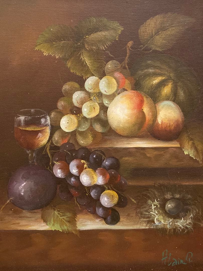 絵画　フレーム付き　果物と飲料の油彩画