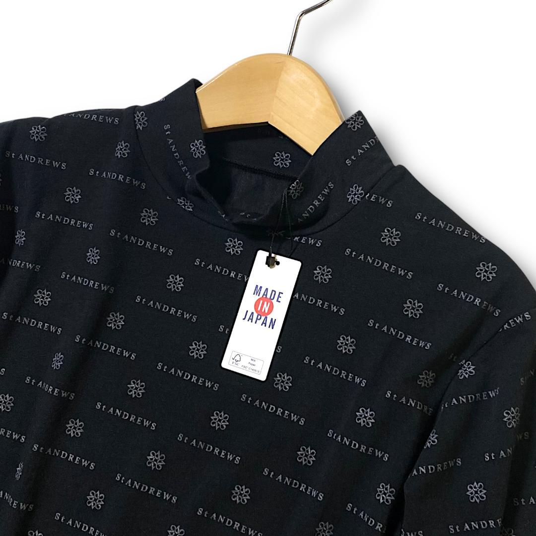 LL St ANDREWS ベア天竺 ブランドロゴ総柄 長袖ハイネックシャツ 黒