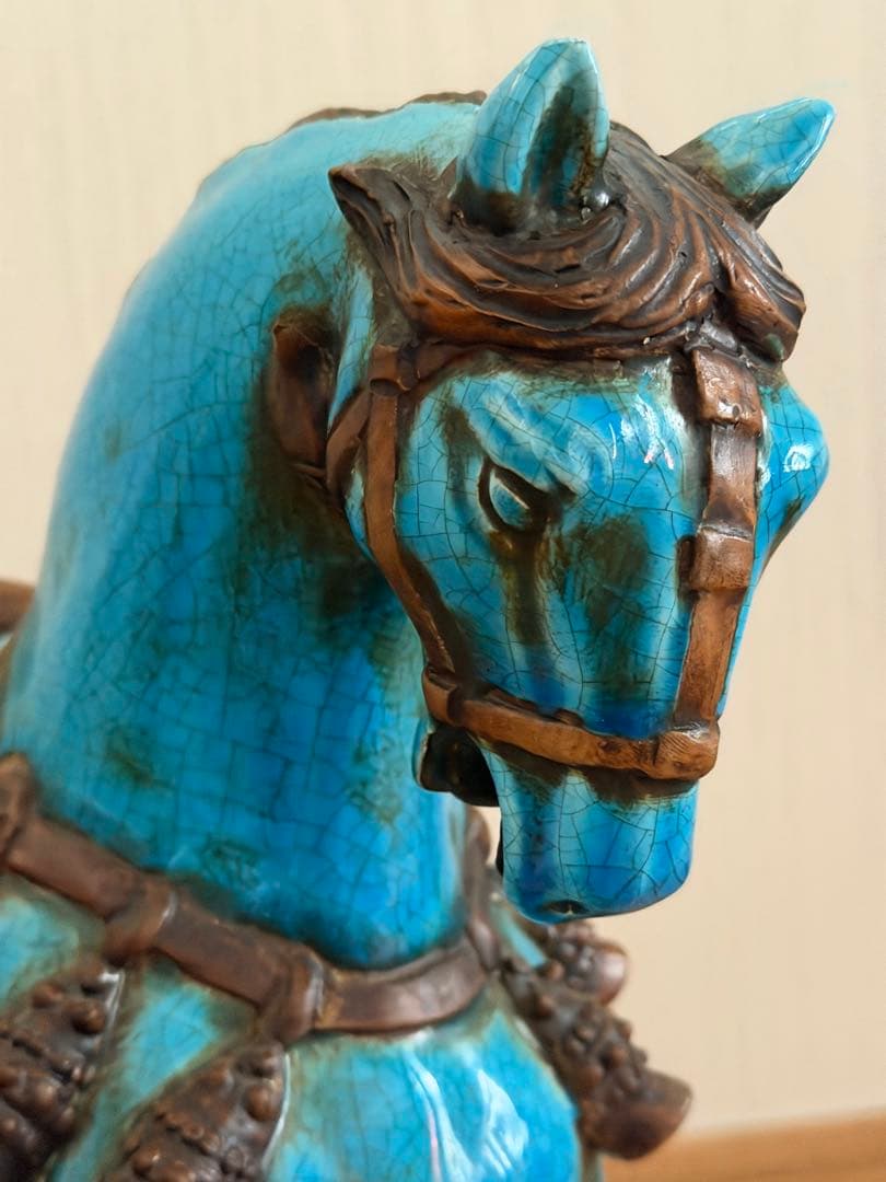 青い陶器製馬の置物 約41cm 縁起　戦馬