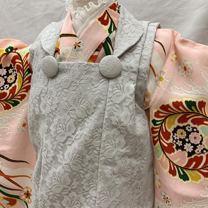 510ag42□七五三 三歳 セミアンティーク 女児 着物&被布 流水に花□良好